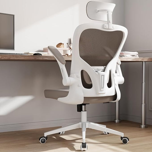 Office Chair Ergonomic Desk Chair with Lumbar Support&Headrest&Flip-up Arms Height Adjustable Rocking Swivel High Computer Chair Multi-Angle from 90° to 125° with 350LBS Capacity(White+Khaki-2)