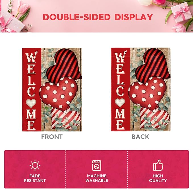 AVOIN colorlife Valentines Day Welcome House Flag 28x40 Inch Double Sided, Anniversary Love Heart Rustic Yard Outdoor Decoration
