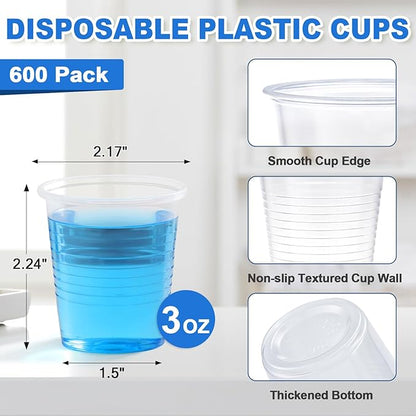 SIUQ 600 Pack 3 oz Clear Plastic Cups, Disposable Bathroom Mouthwash Cups, Small Plastic Drinking Cup for Ice Tea, Tasting, Party, Picnic, BBQ, Travel and Event