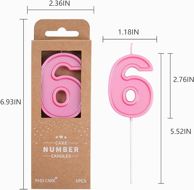 PHD CAKE 2.76 Inch Luxe Pink 6 Number Birthday Candles, Pink Number Candles, Cake Number Candle, Party Celebration