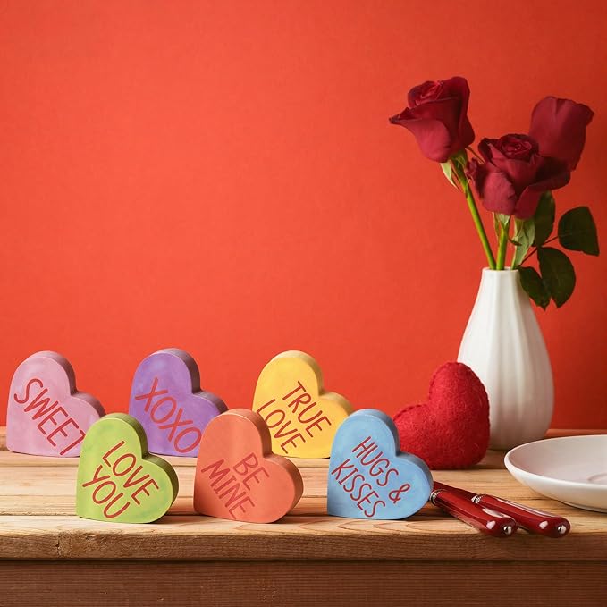 Smile Valentine's Day Colorful Heart - Shaped Wooden Block Decor, Be Mine XOXO Sweet, Valentine Indoor Decoration