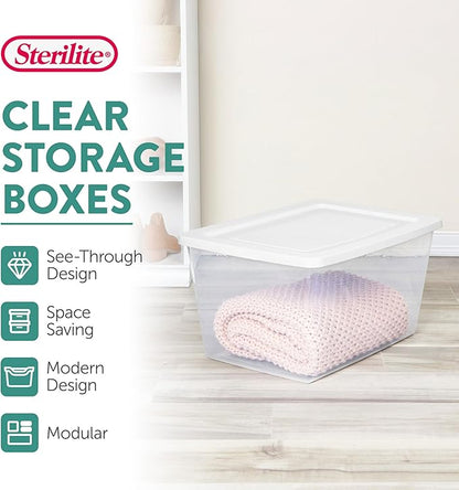Sterilite 32 Pack Storage Box, 58 Quart Stackable Tote, Clear Plastic Container with Secure Snapping Lids for Home and Office Organization, White