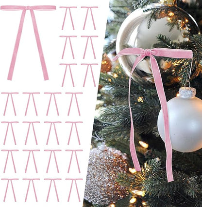 SIMISI RIBBON 24 Pcs Pink Velvet Christmas Tree Bows Door Garland Decor Vintage Wreath Bow (3/8'' Wide, 5 * 7 inch)