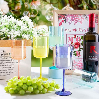 Ciaell 4 Pack Plastic Drinking Glasses - 10 Oz Plastic Glasses with Stem - Disposable Glasses Perfect for Parties & Weddings & Poolside & Outdoors & Camping (Pink Green Purple Yellow)