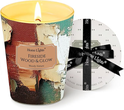 HomeLights 1-Wick Candles for Home Scented - 6.7oz Soy Wax Blend Candle Long-Lasting Fragrance, Industrial Chic Home Decor and Housewarming Gifts, Fireside Wood & Glow