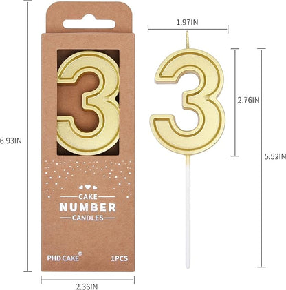 PHD CAKE 2.76 Inch Luxe Gold 3 Number Birthday Candles, Gold Number Candle, Cake Number Candles, Party Celebration