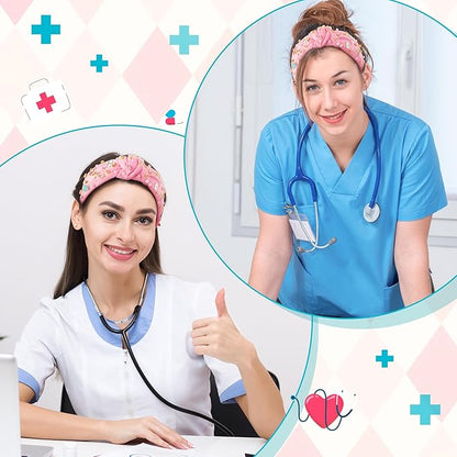 PANTIDE Nurse Jeweled Knotted Headband - Christmas Nurse Day Gift Medical Mask Rhinestone Crystal Pearl Embellished Headband Wide Top Knot Hair Accessories for Doctor Nursing Student Women Girl (Pink)