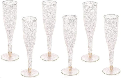 Oojami 100 Plastic Classic Champagne Disposable Flutes for Parties Plastic cups Wedding Party Toasting Cocktail Cups Bulk Party Pack (Gold Glitter)