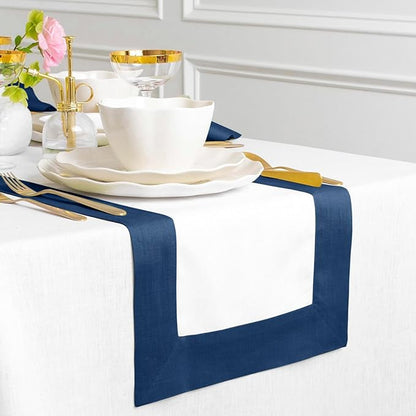 Solino Home Linen Table Runner 48 Inches - 100% Pure Linen Indigo Blue and White Table Runner 14 x 48 Inch Ideal for Dresser and Coffee Tables - Contempo - Thanksgiving