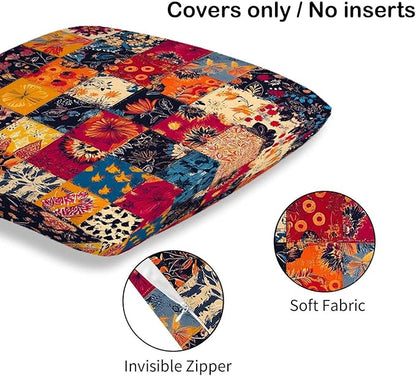 Printed Patchwork Inspired Throw Pillow Covers 18x18 Set of 2 | Floral Quilt Look Cushion Cases | Home Decorative Pillowcases for Couch, Sofa, Bed and Living Room