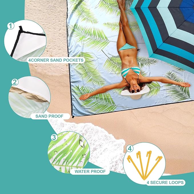 Beach Blanket Waterproof Sandproof beach mat 79" X 118" portable Quick Drying large essentials pincic mat for 2-8 adults have 4 Stakes & 4 Corner Pockets for camping outdoor travel(Hawai Leaves）