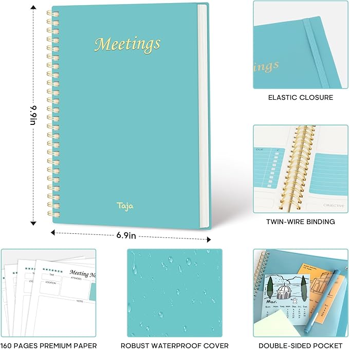 Taja Meeting Notebook for Work Organization - Work Planner Notebook with Action Items, Agenda Planner for Note Taking, 160 Pages (6.9" X 9.9") Project Organizer for Men & Women - Blue