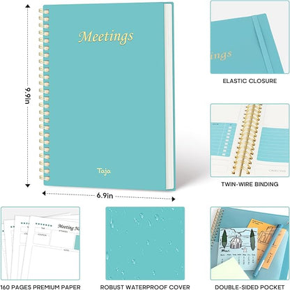 Taja Meeting Notebook for Work Organization - Work Planner Notebook with Action Items, Agenda Planner for Note Taking, 160 Pages (6.9" X 9.9") Project Organizer for Men & Women - Blue