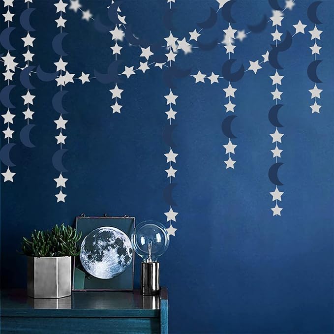 Navy-Blue Silver Moon-Star Party-Decorations Garland - 52Ft Twinkle Little Star Hanging Decoration Streamers Banner, Eid Ramadan Mubarak Decoration Birthday Wedding Baby Shower Party Decor Panduola