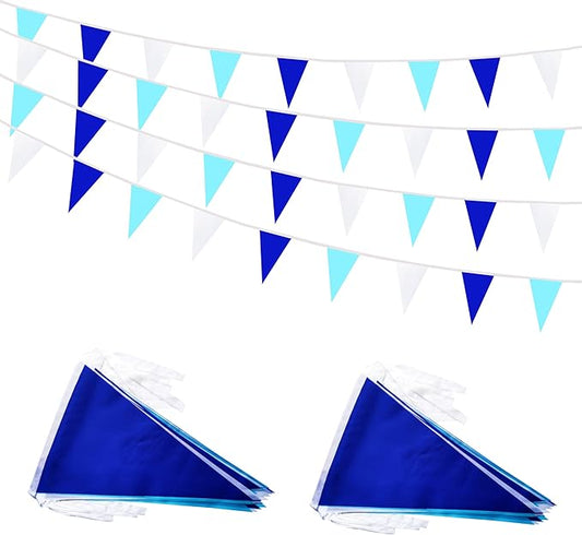 100 Feet 60 Pcs Blue White & Dark Blue Pennant Banner Triangle DIY Flag, Bunting Streamers Decor for Grand Opening, Birthday, Wedding Celebration