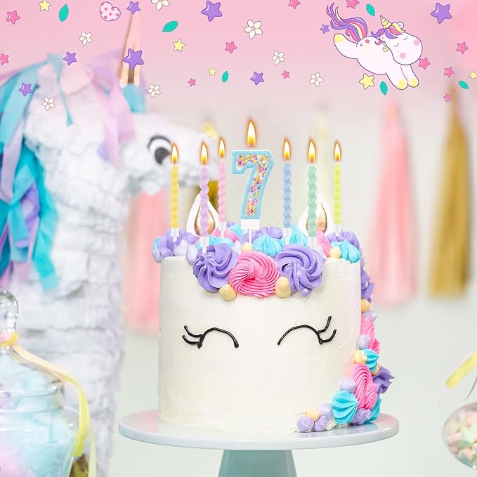 MTLEE Number 7 Birthday Candle Macaron Glitter 3D Number Candle with 12 Pcs Rainbow Spiral Candles in Holders for Girl Boy Cake Topper Wedding Anniversary Pastel Sweet Theme Party Decoration