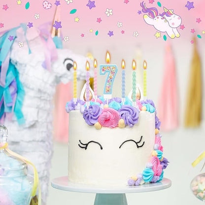 MTLEE Number 7 Birthday Candle Macaron Glitter 3D Number Candle with 12 Pcs Rainbow Spiral Candles in Holders for Girl Boy Cake Topper Wedding Anniversary Pastel Sweet Theme Party Decoration