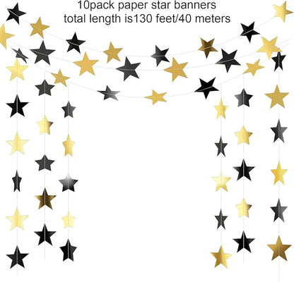 Patelai Glitter Star Garland Banner Christmas Decor 130 Feet Star Hanging Bunting Banner Twinkle Backdrop for Homecoming Classroom Wedding Birthday Halloween Party Supplies(Black, Gold)