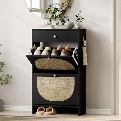 Nicetree Shoe Cabinet for Entryway, Slim Shoe Rack with 2 Flip Drawers and Top Storage Drawer, Narrow Shoe Organizer with Arched Rattan Accent, Entryway Shoe Storage for Size 12 Shoes, Black