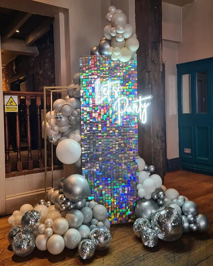 Shimmer Wall Backdrop Silver Iridescent 3FTx4FT Square Sequin Wall Panel Backdrop Decor for Wedding Anniversary Birthday Party, 12 Panels