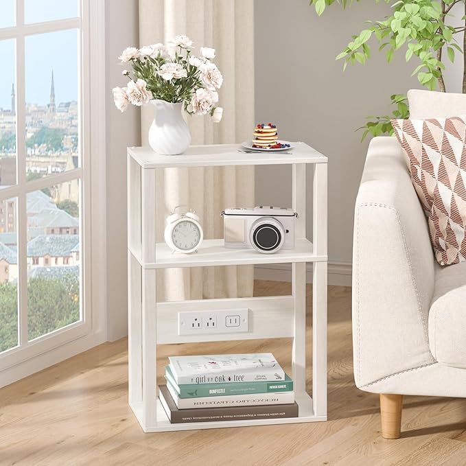 3 Tier Small Narrow Bamboo Side Table Set of 2 with Charging Station - Skinny Nightstand for Small Spaces, Slim Bedside Table with USB Ports and Outlets - Thin End Table with Storage, Grey White