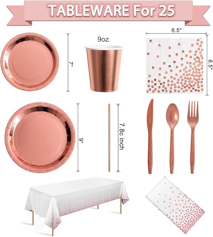 285 Pcs Rose Gold Party Decorations, Birthday Decorations For Women Or Girl - Knives, Forks and Spoons, Tiara, Butterfly, Sash, Paper Pom Poms, Balloon Stand, Tableware For 25 Guests