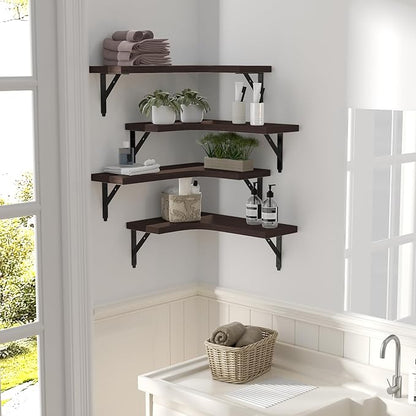 Corner Floating Shelves Wall Mounted Set of 4, Rustic Wood Storage Display Wall Shelves for Home Decor, Bathroom, Kitchen, Bedroom, Living Room, Office (Brown)