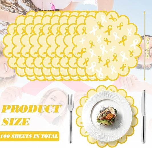 100 Pcs Childhood Cancer Awareness Items 13.5" Scalloped Childhood Cancer Awareness Paper Placemats Gold Ribbon Place Mats for Fundraisers Charity Survivor Fighter Party Supplies