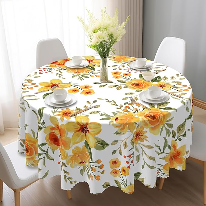 Eikione Summer Leaf Round Tablecloth 70inch,Tablecloth Waterproof and Wrinkle-Free, Red Flower Rustic Table Covers, Summer Decorations for Home