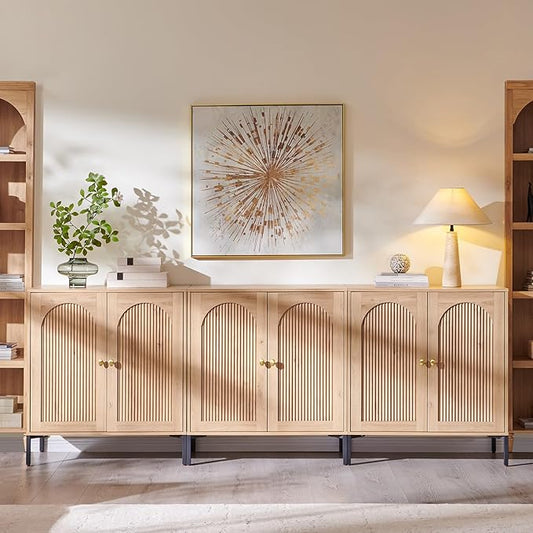 Modern Buffet Cabinet with Storage, 92.63" W Fluted Arched Sideboard Cabinet w/Adjustable Shelves, Wooden Modular Coffee Bar for Dining Room, Kitchen, Living Room, Entryway, Natural