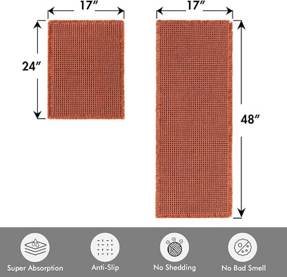 MIULEE Orange Set of 2 Waffle Bathroom Rugs, Boho Bath Rugs Non Slip Washable, Super Absorbent Bath Mats, Ultra Soft Rubber Backed Shower Mats for Bathroom Floor, Tub, 17"x24"+17"x48"