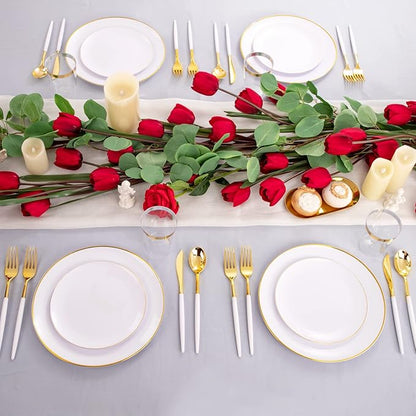 LIYH 180 Pcs White and Gold Plastic Plates Disposable - Dinnerware Set, Gold Plastic Silverware, Disposable Heavyduty Plates for Parties, Birthdays, Wedding 30Guests