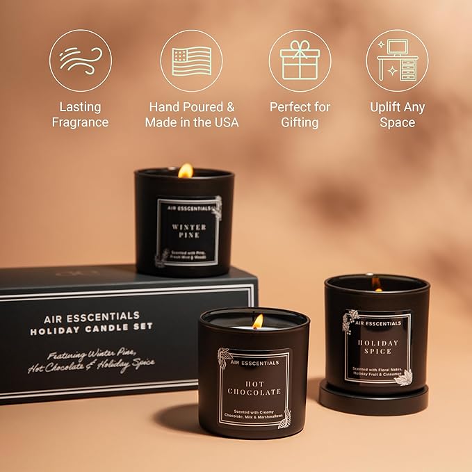 Air Esscentials Holiday Candle Set - Luxurious Winter Scented Candles | Winter Pine, Holiday Spice & Hot Chocolate | Hand-Poured in The USA | 15 Hour Burn Time per Candle | 5 oz (3 Pack)