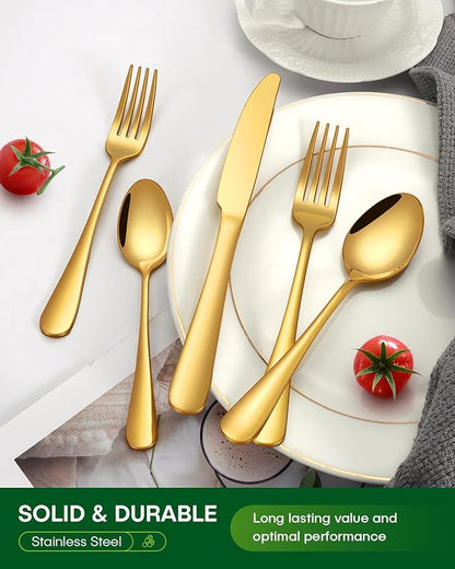 40 Piece Gold Silverware Set, Stainless Steel Flatware Set for 8 Food Grade Cutlery Utensil Set Include Knife Fork Spoon Mirror Polished Dishwasher Safe