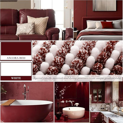 Bathroom Rugs and Mats Sets, 2 Piece Thick Absorbent Chenille Bath Mat Rug Set Non Slip, Soft Shaggy Bath Room Floor Mats for Bathroom, Machine Washable (Burgundy Red, 20" x 60" Plus 20" x 32")