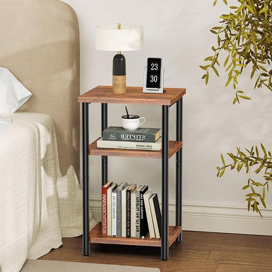 OLIXIS 3 Tier End Table for Small Space, Side Sofa Tables Storage Shelf, Nightstand with Adjustable Feet for Living Room, Bedroom, Office, Set of 2, Rustic Brown
