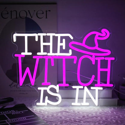 The Witch Is In Neon Signs for Wall Halloween Decor - Witch Hat Neon Light Purple Dimmable LED Sign Gothic Lamp for Haunted Mansion House Party Decor