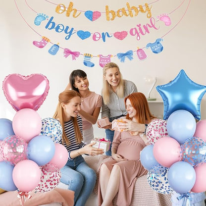 Gender Reveal Decorations Pink Blue Boys or Girls Balloon Set with Star Heart Foil Confetti Balloons Oh Baby Bunting Banner Socks Bottle Paper Garland Pastel Pink Blue Baby Shower Party Decor Kit