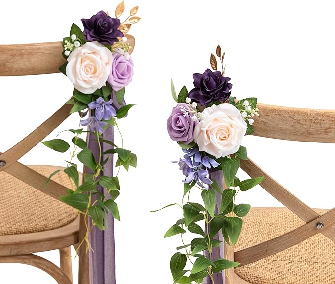 Ling's moment 8pcs Wedding Artificial Aisle Pew Flowers Chair Decorations Arrangements with Chiffon Ribbons Lilac Purple Gold for Ceremony Chair Back Floral Decor Reception Church Party Outdoor