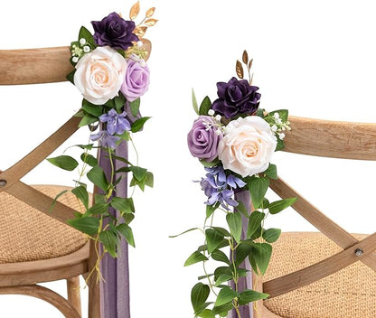 Ling's moment 8pcs Wedding Artificial Aisle Pew Flowers Chair Decorations Arrangements with Chiffon Ribbons Lilac Purple Gold for Ceremony Chair Back Floral Decor Reception Church Party Outdoor