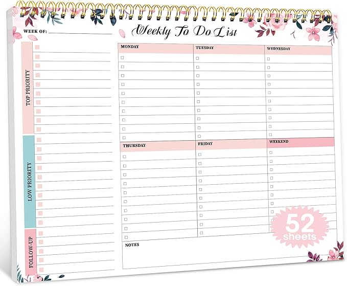 Taja Weekly To Do List Notepad with 52 Undated Sheets（8.5"×11"）- Weekly Desk Planner for Women & Man, Work and Home - 1 Pack Whispering Petal