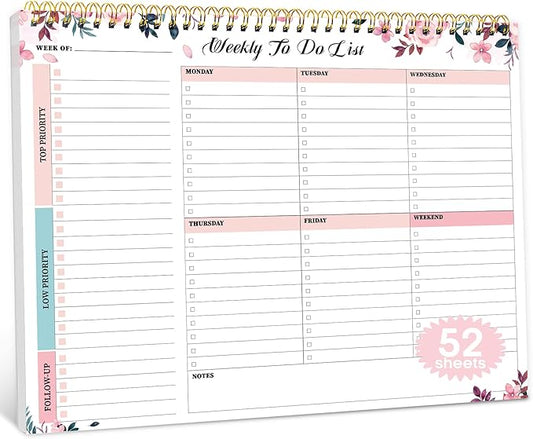 Taja Weekly To Do List Notepad with 52 Undated Sheets（8.5"×11"）- Weekly Desk Planner for Women & Man, Work and Home - 1 Pack Whispering Petal