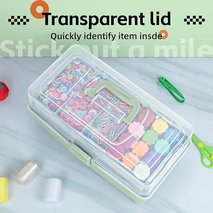 14in 3-Layer Multipurpose Craft Organizers and Storage with Adjustable Dividers, Portable Tackle Box, Folding Art & Craft Case for Medicine, Tool, Sewing Organizer (Haze Green, X-Large)