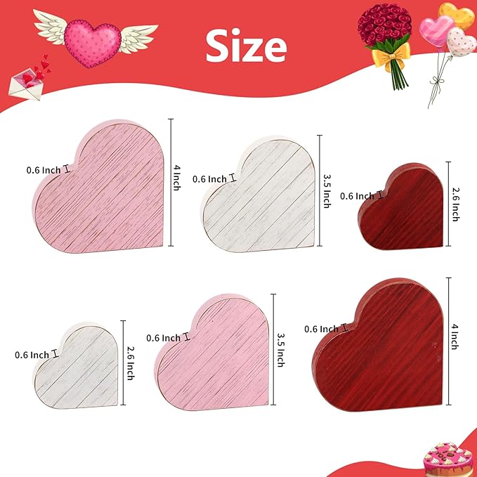 6pcs Valentines Day Decorations Red Pink White Rustic Heart Wooden Sign Valentine's Day Tiered Tray Decor Tabletop Valentines Day Centerpieces for Wedding Anniversary Home Party Supplies
