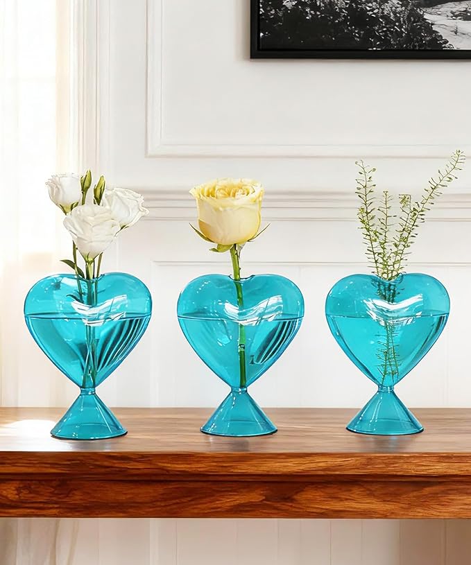 Nacome Small Glass Bud Vases for Flowers: Birthday Gifts for Wife Women Mom Garden Lovers- Set of 3 Heart Plant Terrarium for Wedding Centerpiece Table Office Indoor Home Decor(Blue)