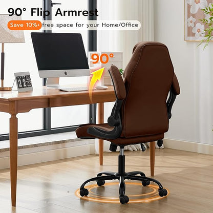 Office Desk Chair, Ergonomic Computer Chair with Padded Flip-Up Arms and Adjustable Lumbar Support, PU Leather Executive Chair with Tilt Lock and 360° Swivel Rolling Wheels for Work, Study