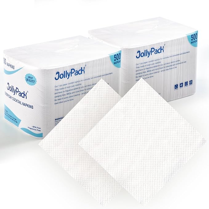 JollyPack 1000 Count White Beverage Napkins - 1-Ply 4.9 x 4.9 Folded Bulk Cocktail Napkins Paper, Lunch Paper for Restaurants, Bar and Party - 9.8 x 9.8 Unfolded