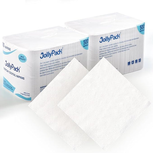 JollyPack 1000 Count White Beverage Napkins - 1-Ply 4.9 x 4.9 Folded Bulk Cocktail Napkins Paper, Lunch Paper for Restaurants, Bar and Party - 9.8 x 9.8 Unfolded