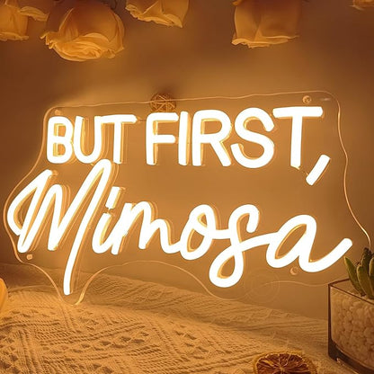 SYLHOME But First Mimosa Led Neon Light Sign Bar Shop Bedroom Wall Sign Decor Wedding Birthday Graduation Baby Bridal Shower Party Banner Backdrop USB 15.75"X8.5"