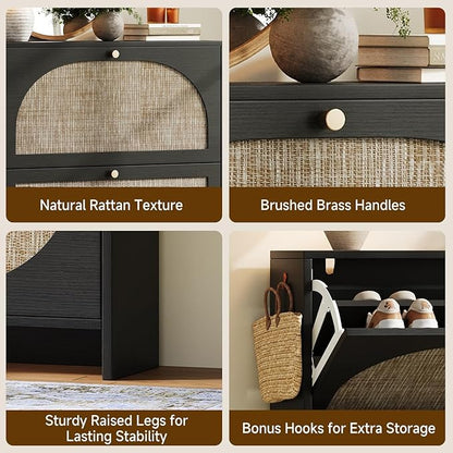 Nicetree Rattan Arched Accent Shoe Cabinet - Freestanding Ultra Slim for Entryway, 2 Flip Drawers & 3-Tier Adjustable Shelves, Farmhouse Modern Rustic Shoe Rack for Hallway Foyer, Black
